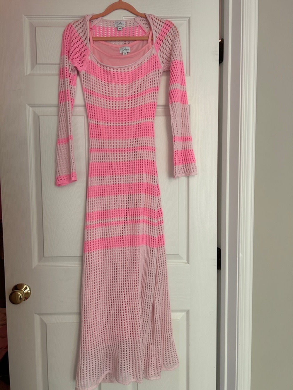 Crochet Pink and Hot Pink Striped long sleeve Open-Knit Maxi Dress